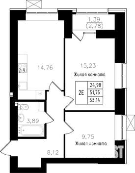 2-к квартира, строящийся дом, 53м2, 2/15 этаж
