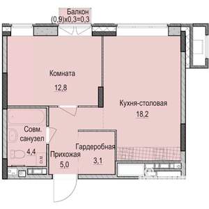 1-к квартира, строящийся дом, 44м2, 3/14 этаж