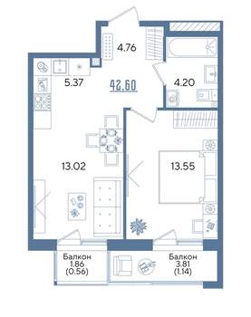 1-к квартира, строящийся дом, 43м2, 2/13 этаж
