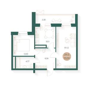 2-к квартира, строящийся дом, 55м2, 14/17 этаж