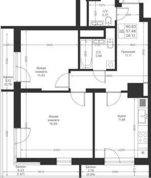 2-к квартира, вторичка, 61м2, 23/24 этаж