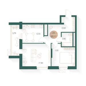 2-к квартира, строящийся дом, 60м2, 5/24 этаж