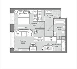 2-к квартира, вторичка, 47м2, 8/19 этаж