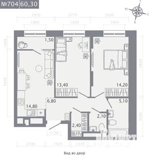 2-к квартира, строящийся дом, 60м2, 7/23 этаж