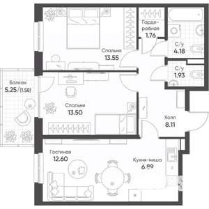 3-к квартира, строящийся дом, 64м2, 8/8 этаж