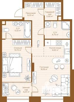 1-к квартира, строящийся дом, 60м2, 3/28 этаж