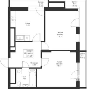 2-к квартира, вторичка, 59м2, 24/25 этаж