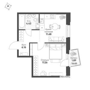 1-к квартира, строящийся дом, 40м2, 14/19 этаж