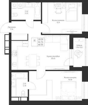 2-к квартира, вторичка, 67м2, 6/23 этаж