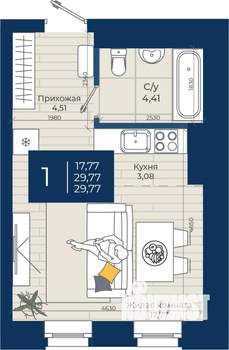 Студия квартира, вторичка, 30м2, 11/20 этаж