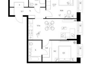 2-к квартира, вторичка, 57м2, 10/26 этаж