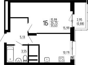 1-к квартира, строящийся дом, 36м2, 19/23 этаж