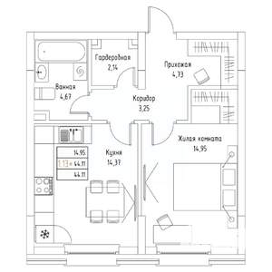 1-к квартира, вторичка, 44м2, 1/9 этаж