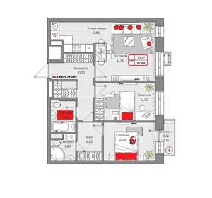 3-к квартира, вторичка, 68м2, 6/19 этаж
