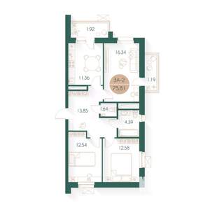 3-к квартира, строящийся дом, 75м2, 12/17 этаж