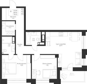 2-к квартира, вторичка, 71м2, 2/23 этаж