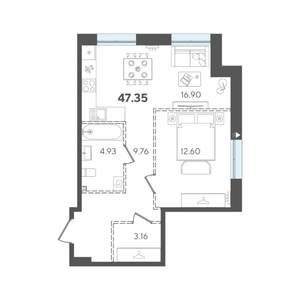 1-к квартира, строящийся дом, 47м2, 5/5 этаж