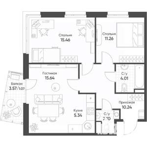 3-к квартира, вторичка, 65м2, 7/17 этаж