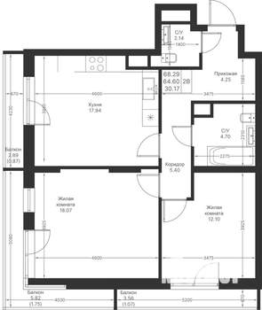 2-к квартира, вторичка, 68м2, 11/24 этаж