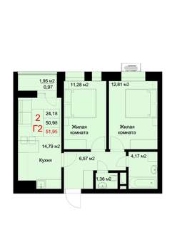 2-к квартира, строящийся дом, 52м2, 8/10 этаж