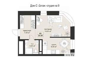 Студия квартира, строящийся дом, 34м2, 2/4 этаж