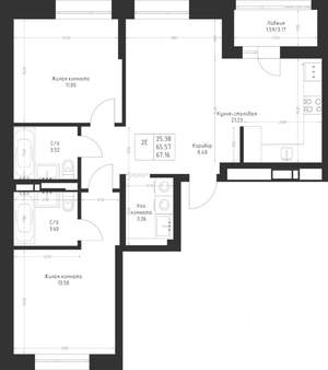 2-к квартира, вторичка, 67м2, 3/23 этаж