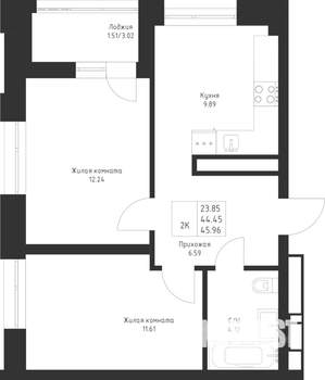 2-к квартира, вторичка, 46м2, 12/23 этаж