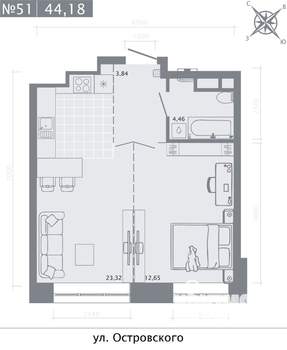 1-к квартира, строящийся дом, 44м2, 3/8 этаж