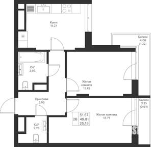 2-к квартира, вторичка, 52м2, 15/25 этаж