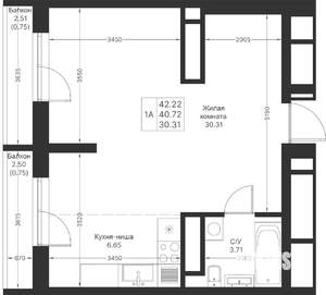 1-к квартира, вторичка, 42м2, 23/25 этаж