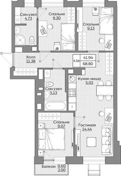 4-к квартира, вторичка, 69м2, 11/24 этаж