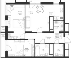 2-к квартира, вторичка, 72м2, 12/24 этаж