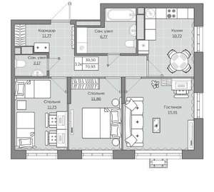 3-к квартира, вторичка, 71м2, 15/19 этаж