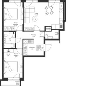 2-к квартира, вторичка, 68м2, 8/25 этаж