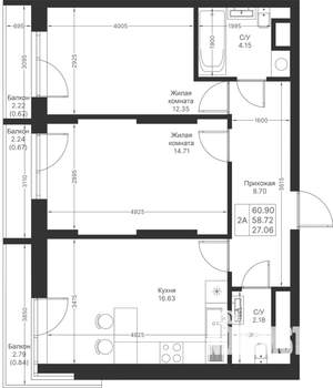 2-к квартира, вторичка, 61м2, 9/25 этаж