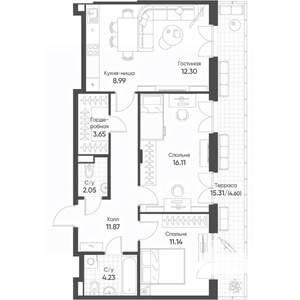 3-к квартира, строящийся дом, 75м2, 8/8 этаж