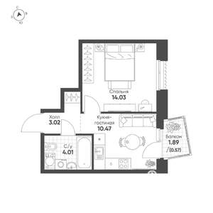 1-к квартира, строящийся дом, 32м2, 6/19 этаж