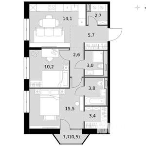 2-к квартира, вторичка, 62м2, 13/14 этаж