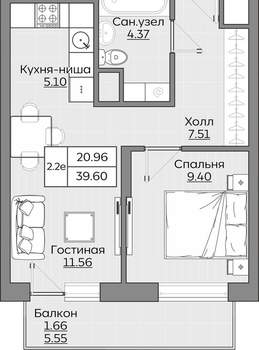 2-к квартира, вторичка, 40м2, 9/24 этаж