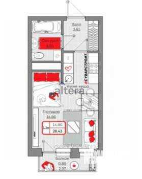 Студия квартира, вторичка, 28м2, 12/19 этаж