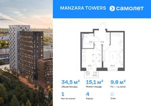 1-к квартира, вторичка, 35м2, 6/7 этаж