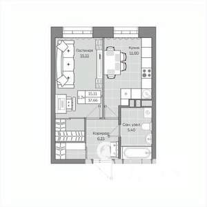 1-к квартира, вторичка, 38м2, 7/19 этаж