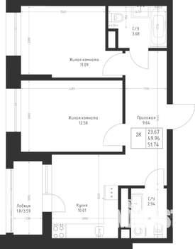 2-к квартира, вторичка, 52м2, 9/23 этаж