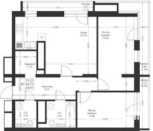 2-к квартира, вторичка, 72м2, 12/24 этаж