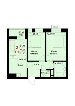 2-к квартира, вторичка, 52м2, 9/10 этаж