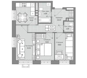 3-к квартира, вторичка, 57м2, 7/19 этаж