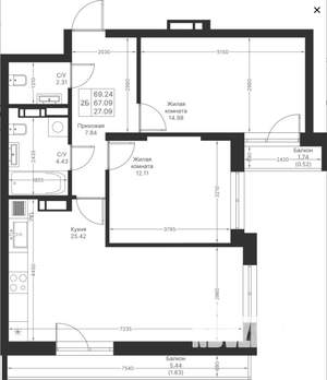 2-к квартира, вторичка, 68м2, 4/24 этаж