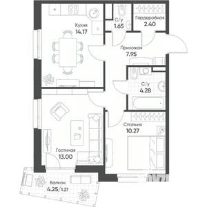 2-к квартира, строящийся дом, 55м2, 12/17 этаж
