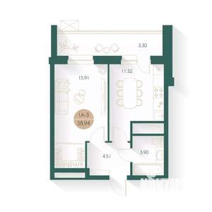 1-к квартира, строящийся дом, 39м2, 4/17 этаж