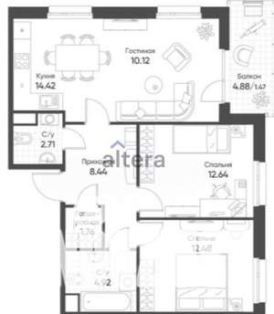 3-к квартира, вторичка, 69м2, 7/19 этаж
